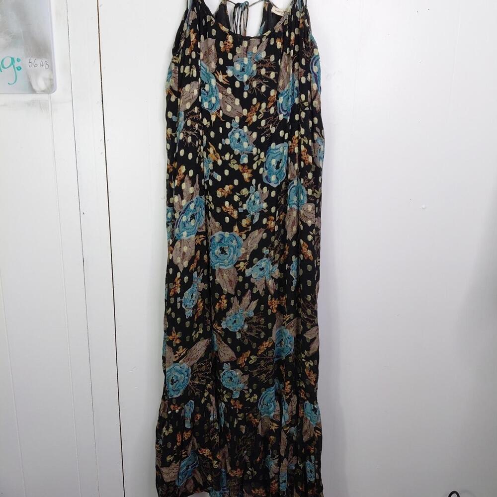 NATURAL LIFE Black Maxi Dress with Teal Floral Print and Tan Accents